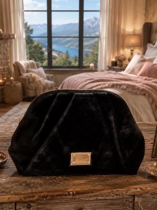 Dolce & Gabbana Handbags - Dolce & Gabbana Beauty Black Velvet Cosmetic Pouch with Gold Plaque